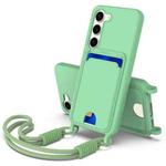 For Samsung Galaxy S23 5G Integrated Card Bag Solid Color Liquid Silicone Phone Case Gen2 with Short Lanyard(Green)