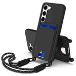 For Samsung Galaxy S23 5G Integrated Card Bag Solid Color Liquid Silicone Phone Case Gen2 with Short Lanyard(Black)
