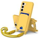 For Samsung Galaxy S23 5G Integrated Card Bag Solid Color Liquid Silicone Phone Case Gen2 with Short Lanyard(Yellow)