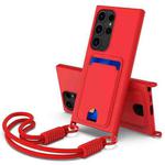 For Samsung Galaxy S23 Ultra 5G Integrated Card Bag Solid Color Liquid Silicone Phone Case Gen2 with Short Lanyard(Red)