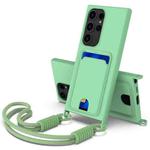 For Samsung Galaxy S23 Ultra 5G Integrated Card Bag Solid Color Liquid Silicone Phone Case Gen2 with Short Lanyard(Green)