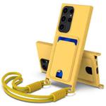 For Samsung Galaxy S23 Ultra 5G Integrated Card Bag Solid Color Liquid Silicone Phone Case Gen2 with Short Lanyard(Yellow)