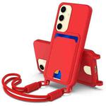 For Samsung Galaxy S25 5G Integrated Card Bag Solid Color Liquid Silicone Phone Case Gen2 with Short Lanyard(Red)