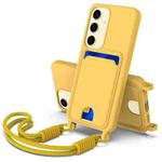 For Samsung Galaxy S25 5G Integrated Card Bag Solid Color Liquid Silicone Phone Case Gen2 with Short Lanyard(Yellow)