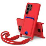 For Samsung Galaxy S25 Ultra 5G Integrated Card Bag Solid Color Liquid Silicone Phone Case Gen2 with Short Lanyard(Red)