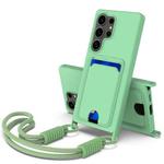For Samsung Galaxy S25 Ultra 5G Integrated Card Bag Solid Color Liquid Silicone Phone Case Gen2 with Short Lanyard(Green)