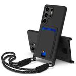 For Samsung Galaxy S25 Ultra 5G Integrated Card Bag Solid Color Liquid Silicone Phone Case Gen2 with Short Lanyard(Black)