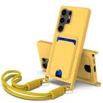 For Samsung Galaxy S25 Ultra 5G Integrated Card Bag Solid Color Liquid Silicone Phone Case Gen2 with Short Lanyard(Yellow)