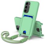 For Samsung Galaxy S24+ 5G Integrated Card Bag Solid Color Liquid Silicone Phone Case Gen2 with Short Lanyard(Green)