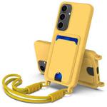For Samsung Galaxy S25+ 5G Integrated Card Bag Solid Color Liquid Silicone Phone Case Gen2 with Short Lanyard(Yellow)