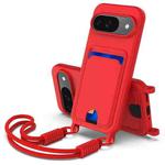 For Google Pixel 9  Integrated Card Bag Solid Color Liquid Silicone Phone Case Gen2 with Short Lanyard(Red)