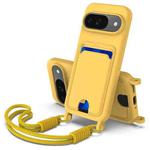 For Google Pixel 9  Integrated Card Bag Solid Color Liquid Silicone Phone Case Gen2 with Short Lanyard(Yellow)
