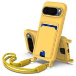 For Google Pixel 9 Pro Integrated Card Bag Solid Color Liquid Silicone Phone Case Gen2 with Short Lanyard(Yellow)