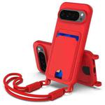 For Google Pixel 9 Pro XL Integrated Card Bag Solid Color Liquid Silicone Phone Case Gen2 with Short Lanyard(Red)