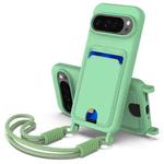 For Google Pixel 9 Pro XL Integrated Card Bag Solid Color Liquid Silicone Phone Case Gen2 with Short Lanyard(Green)