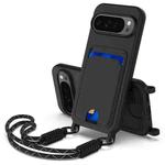 For Google Pixel 9 Pro XL Integrated Card Bag Solid Color Liquid Silicone Phone Case Gen2 with Short Lanyard(Black)
