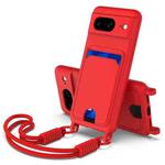 For Google Pixel 8 Integrated Card Bag Solid Color Liquid Silicone Phone Case Gen2 with Short Lanyard(Red)