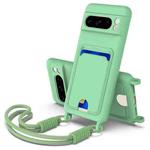 For Google Pixel 8 Pro Integrated Card Bag Solid Color Liquid Silicone Phone Case Gen2 with Short Lanyard(Green)