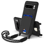 For Google Pixel 8 Pro Integrated Card Bag Solid Color Liquid Silicone Phone Case Gen2 with Short Lanyard(Black)
