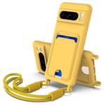 For Google Pixel 8 Pro Integrated Card Bag Solid Color Liquid Silicone Phone Case Gen2 with Short Lanyard(Yellow)