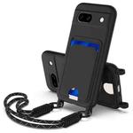 For Google Pixel 8a Integrated Card Bag Solid Color Liquid Silicone Phone Case Gen2 with Short Lanyard(Black)