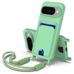 For Google Pixel 10 Integrated Card Bag Solid Color Liquid Silicone Phone Case Gen2 with Short Lanyard(Green)