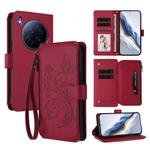 For Tecno Camon 40 Premier Butterfly Love Flower Multi-card Zipper Wallet Leather Phone Case(Wine Red)