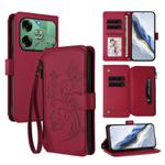 For Tecno Pova 6 4G Butterfly Love Flower Multi-card Zipper Wallet Leather Phone Case(Wine Red)