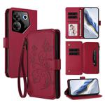 For Tecno Camon 20 Pro 5G Butterfly Love Flower Multi-card Zipper Wallet Leather Phone Case(Wine Red)