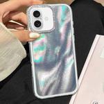 For iPhone 16 3 in 1 Diamond Lens Frame Quicksand Pattern Phone Case(Silver)