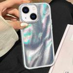 For iPhone 15 Plus 3 in 1 Diamond Lens Frame Quicksand Pattern Phone Case(Silver)