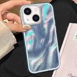For iPhone 15 Plus 3 in 1 Diamond Lens Frame Quicksand Pattern Phone Case(Blue)