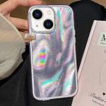 For iPhone 15 3 in 1 Diamond Lens Frame Quicksand Pattern Phone Case(Purple)