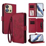 For Oukitel C57S / C57 / C57 Pro Butterfly Love Flower Multi-card Zipper Wallet Leather Phone Case(Wine Red)