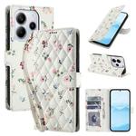 For Redmi Note 14 4G Global 164.84mm Flower Pattern Buckle Leather Phone Case with Lanyard(Pink Flowers)