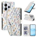 For Redmi Note 14 4G Global 164.84mm Flower Pattern Buckle Leather Phone Case with Lanyard(Blue Flowers)