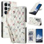 For Samsung Galaxy S25 Ultra 5G Flower Pattern Buckle Leather Phone Case with Lanyard(Pink Flowers)