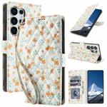 For Samsung Galaxy S25 Ultra 5G Flower Pattern Buckle Leather Phone Case with Lanyard(Orange Flowers)