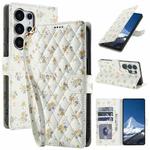 For Samsung Galaxy S25 Ultra 5G Flower Pattern Buckle Leather Phone Case with Lanyard(Yellow Flowers)