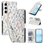 For Samsung Galaxy S23+ 5G Flower Pattern Buckle Leather Phone Case with Lanyard(Blue Flowers)