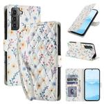 For Samsung Galaxy S22+ 5G Flower Pattern Buckle Leather Phone Case with Lanyard(Blue Flowers)