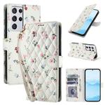 For Samsung Galaxy S21 Ultra 5G Flower Pattern Buckle Leather Phone Case with Lanyard(Pink Flowers)