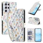 For Samsung Galaxy S21 Ultra 5G Flower Pattern Buckle Leather Phone Case with Lanyard(Blue Flowers)