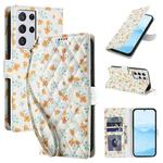 For Samsung Galaxy S21 Ultra 5G Flower Pattern Buckle Leather Phone Case with Lanyard(Orange Flowers)