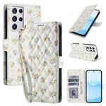 For Samsung Galaxy S21 Ultra 5G Flower Pattern Buckle Leather Phone Case with Lanyard(Yellow Flowers)