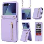 For Samsung Galaxy Z Flip7 5G Zipper Wallet Card Slot Leather Phone Case with Crossbody Strap(Purple)