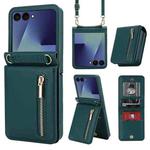 For Samsung Galaxy Z Flip7 5G Zipper Wallet Card Slot Leather Phone Case with Crossbody Strap(Green)