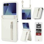 For Samsung Galaxy Z Flip7 5G Zipper Wallet Card Slot Leather Phone Case with Crossbody Strap(White)