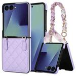 For Samsung Galaxy Z Flip7 5G Rhombic Leather Phone Case with Scarf / Bracelet(Purple)