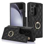 For Samsung Galaxy Z Fold7 Rhombic Texture Ring Double Buckle Leather Phone Case(Black)
